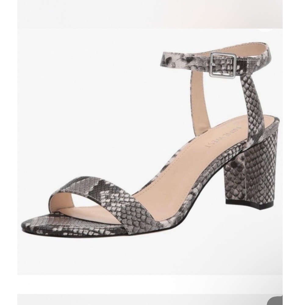 Nine West Piera Snakeskin Print Block Heel Ankle Strap Sandals Grey Black 7.5M
